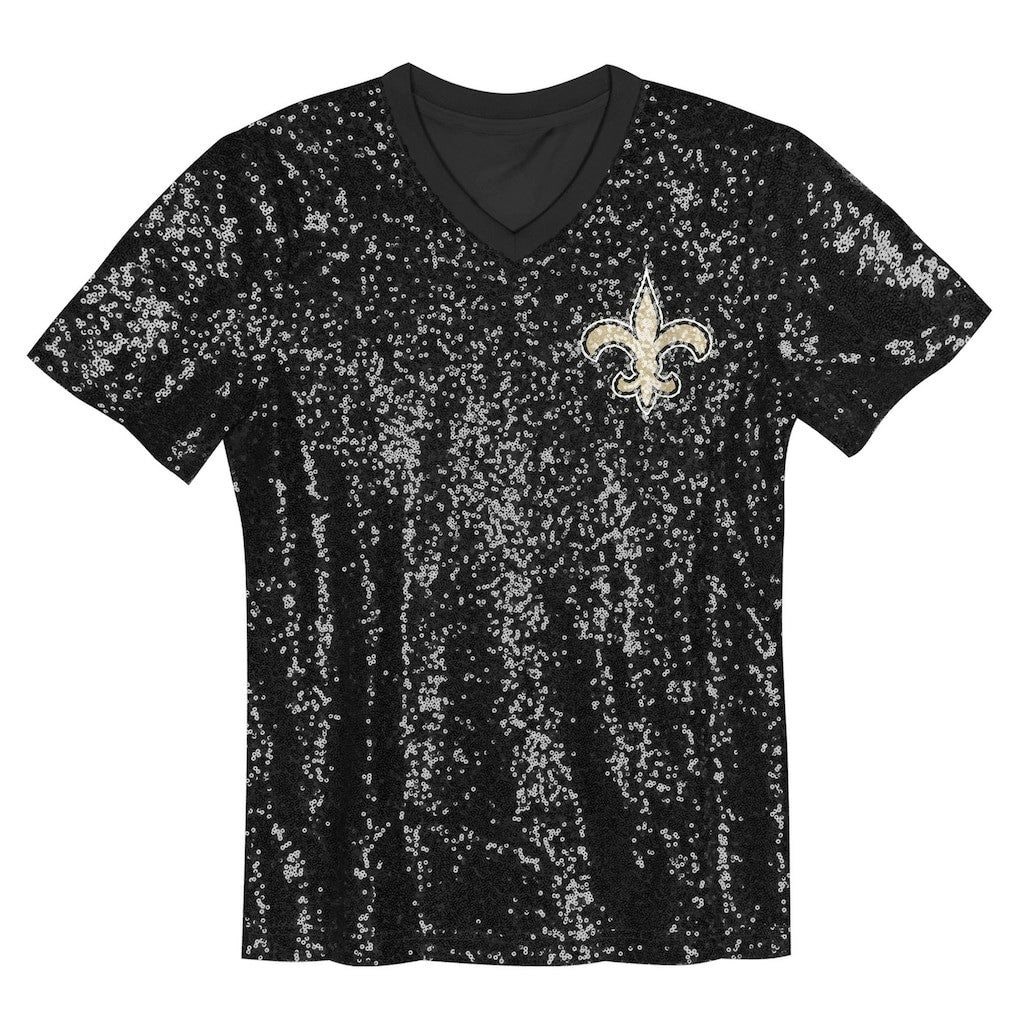 New Orleans Saints Girls Youth Wordmark Sequin V-Neck Top - Black sale
