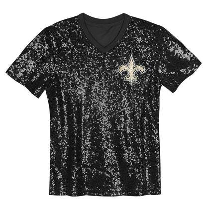 New Orleans Saints Girls Youth Wordmark Sequin V-Neck Top - Black sale