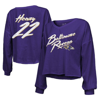 Derrick Henry Baltimore Ravens Majestic Threads Women's Name & Number Off-Shoulder Script Cropped Long Sleeve Relaxed V-Neck T-Shirt - Purple online