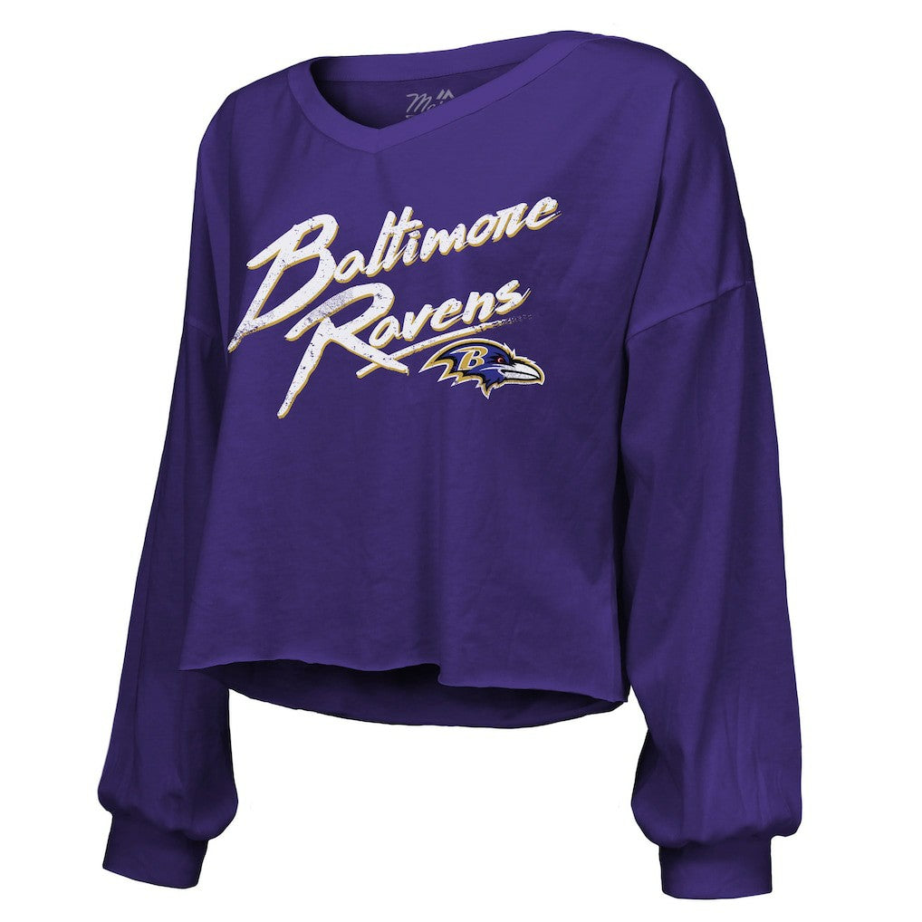 Derrick Henry Baltimore Ravens Majestic Threads Women's Name & Number Off-Shoulder Script Cropped Long Sleeve Relaxed V-Neck T-Shirt - Purple online