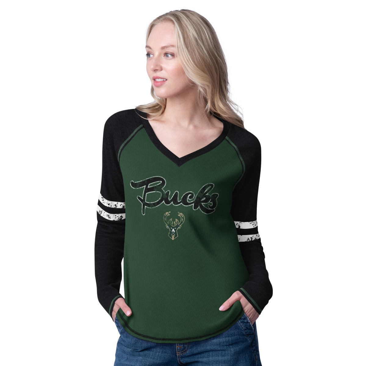 Milwaukee Bucks G-III 4Her by Carl Banks Women's Winner Waffle Knit Thermal Long Sleeve Tri-Blend T-Shirt - Hunter Green/Cream discount