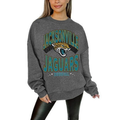 Jacksonville Jaguars Gameday Couture Women's Oversized Long Weekend Premium Fleece Drop Shoulder Pullover Sweatshirt - Charcoal for sale