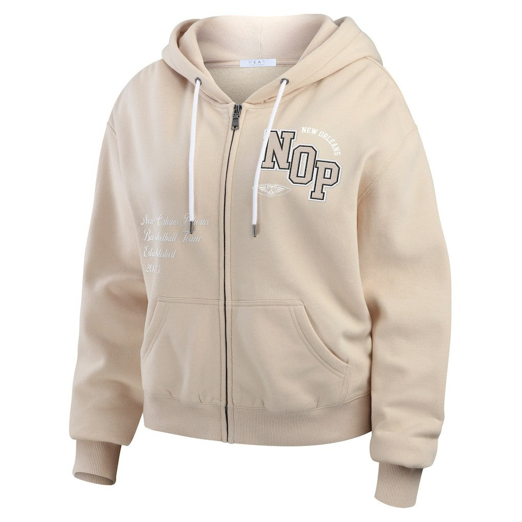 New Orleans Pelicans WEAR by Erin Andrews Women's Tonal Felt Patch Full-Zip Hoodie - Tan for sale