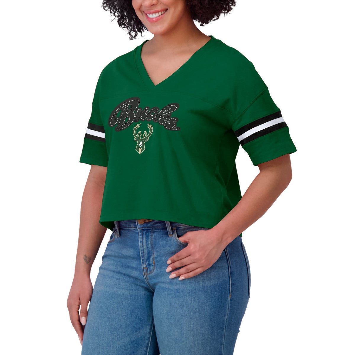 Milwaukee Bucks WEAR by Erin Andrews Women's Color Block Boxy V-Neck T-Shirt - Hunter Green discount