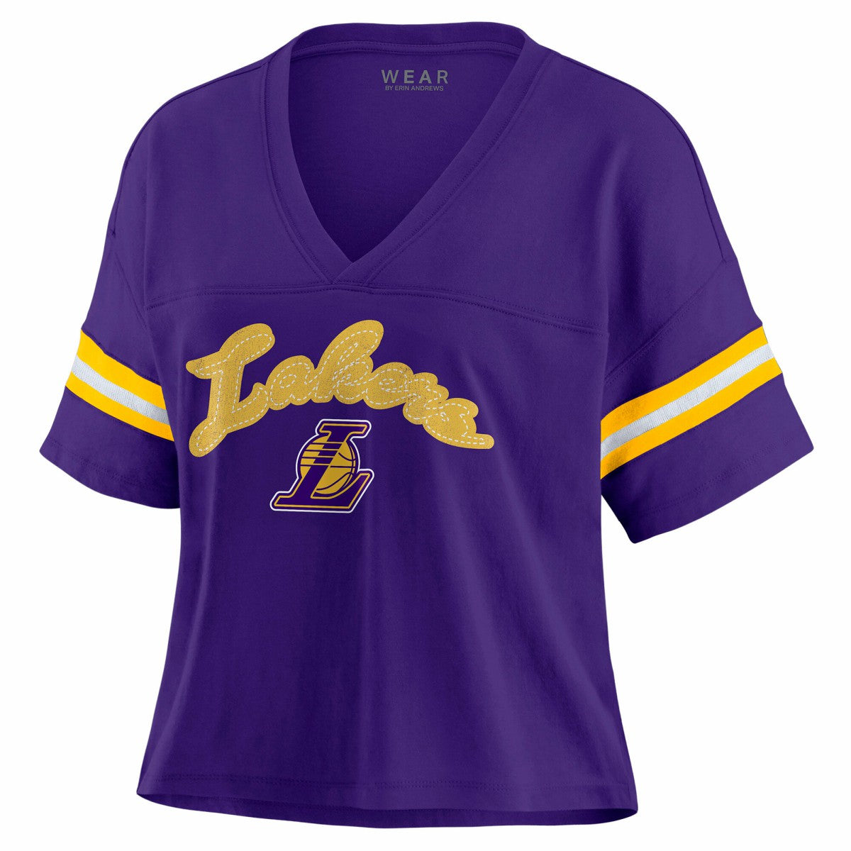 Los Angeles Lakers WEAR by Erin Andrews Women's Plus Size Color Block Boxy V-Neck T-Shirt - Purple on sale