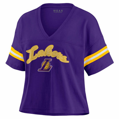 Los Angeles Lakers WEAR by Erin Andrews Women's Plus Size Color Block Boxy V-Neck T-Shirt - Purple on sale