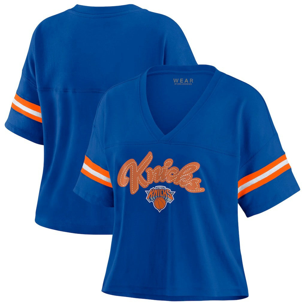New York Knicks WEAR by Erin Andrews Women's Plus Size Color Block Boxy V-Neck T-Shirt - Blue sale