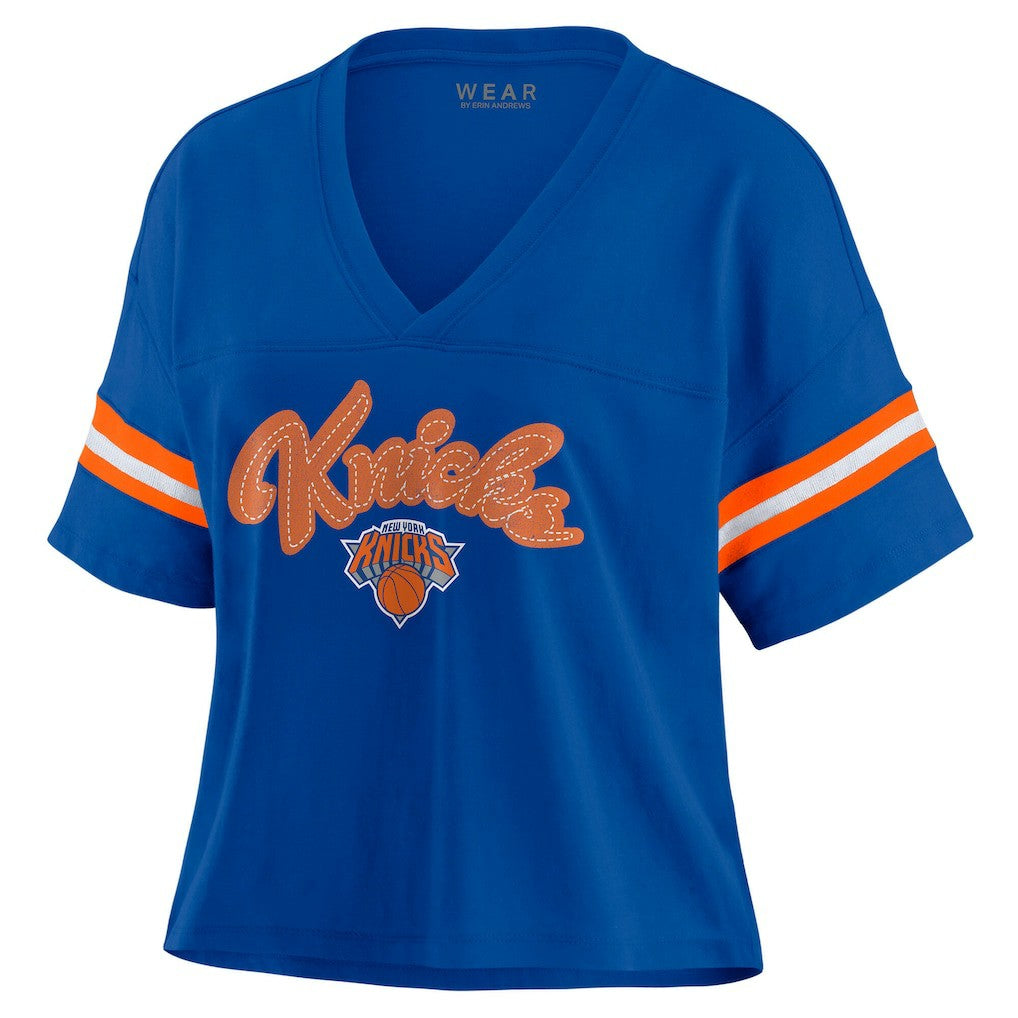New York Knicks WEAR by Erin Andrews Women's Plus Size Color Block Boxy V-Neck T-Shirt - Blue sale