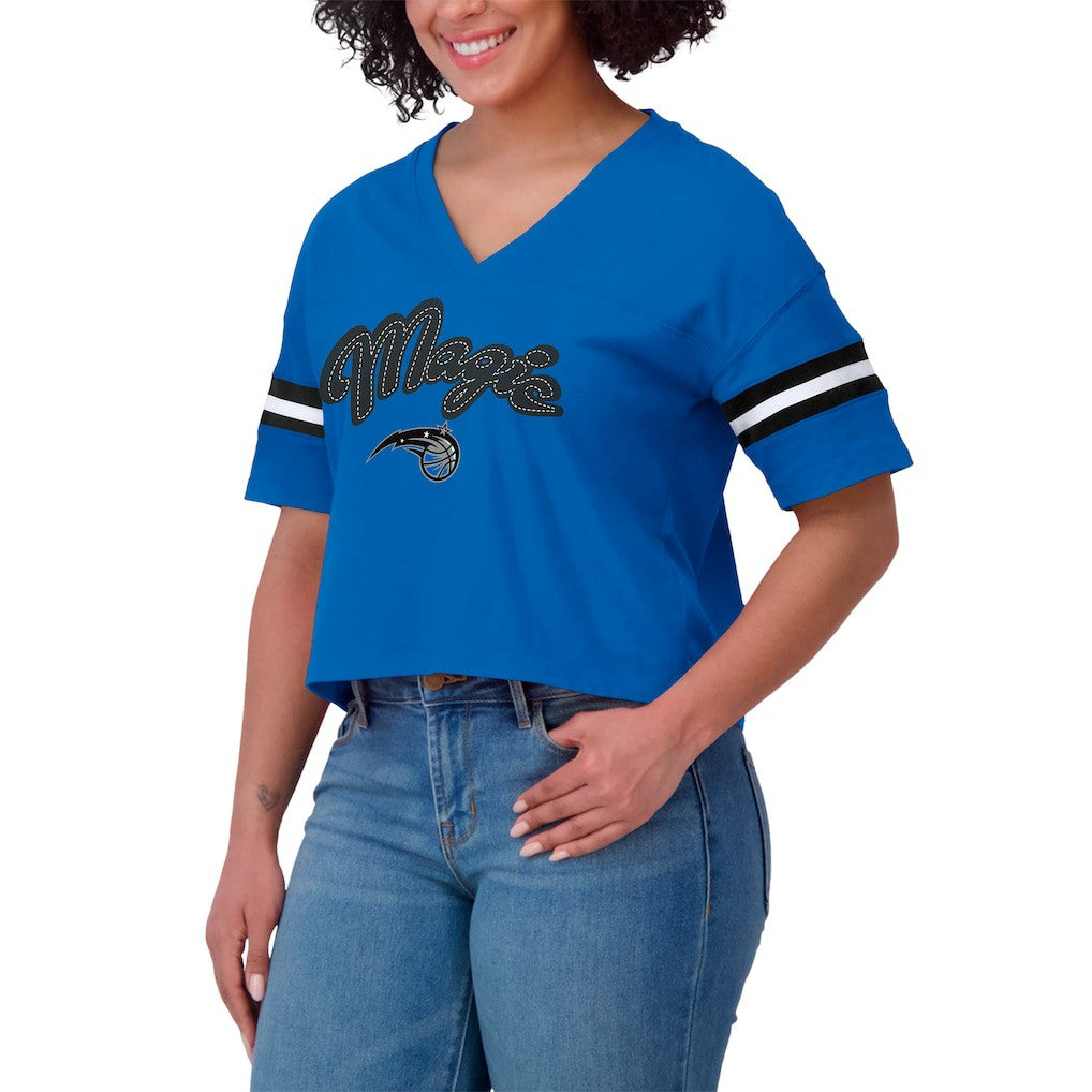 Orlando Magic WEAR by Erin Andrews Women's Plus Size Color Block Boxy V-Neck T-Shirt - Blue cheap