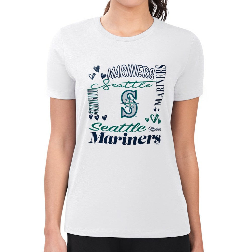 Seattle Mariners G-III 4Her by Carl Banks Women's Super-Slim Fit Lightweight Collage Team Graphic Crew Neck T-Shirt - White