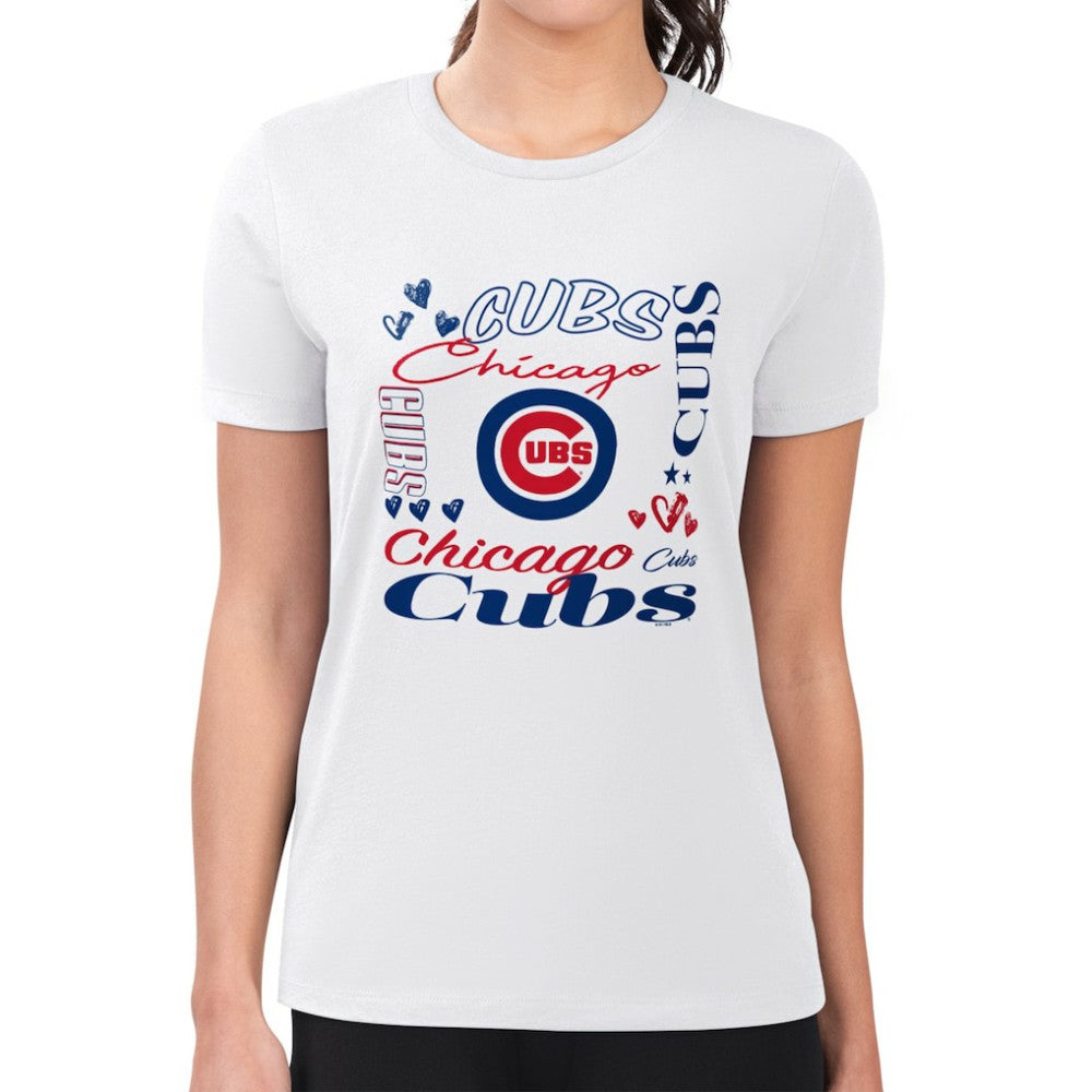 Chicago Cubs G-III 4Her by Carl Banks Women's Super-Slim Fit Lightweight Collage Team Graphic Crew Neck T-Shirt - White