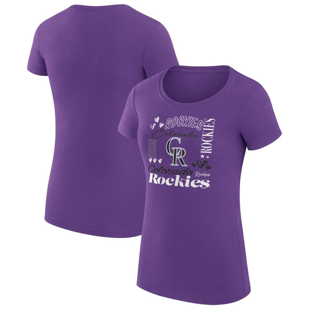 Colorado Rockies G-III 4Her by Carl Banks Women's Super-Slim Fit Lightweight Collage Team Graphic Crew Neck T-Shirt - Purple