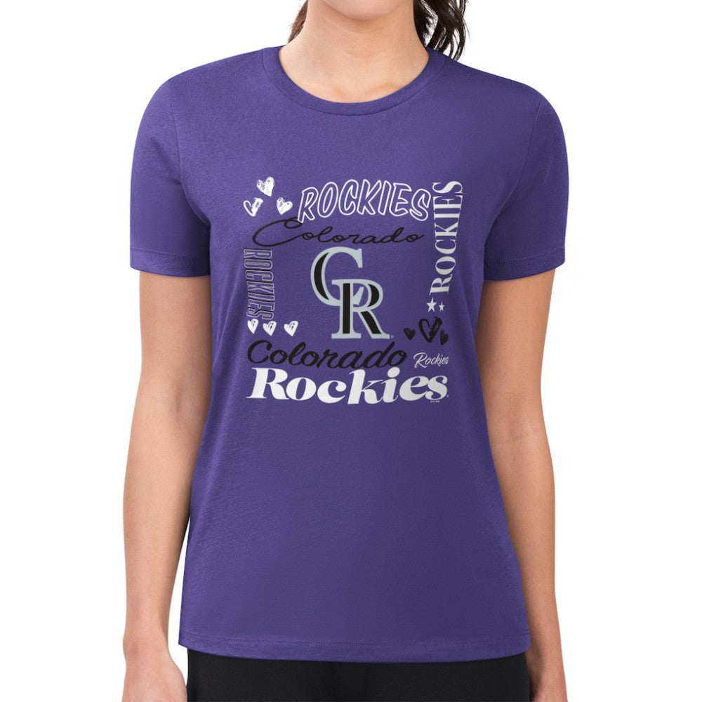 Colorado Rockies G-III 4Her by Carl Banks Women's Super-Slim Fit Lightweight Collage Team Graphic Crew Neck T-Shirt - Purple