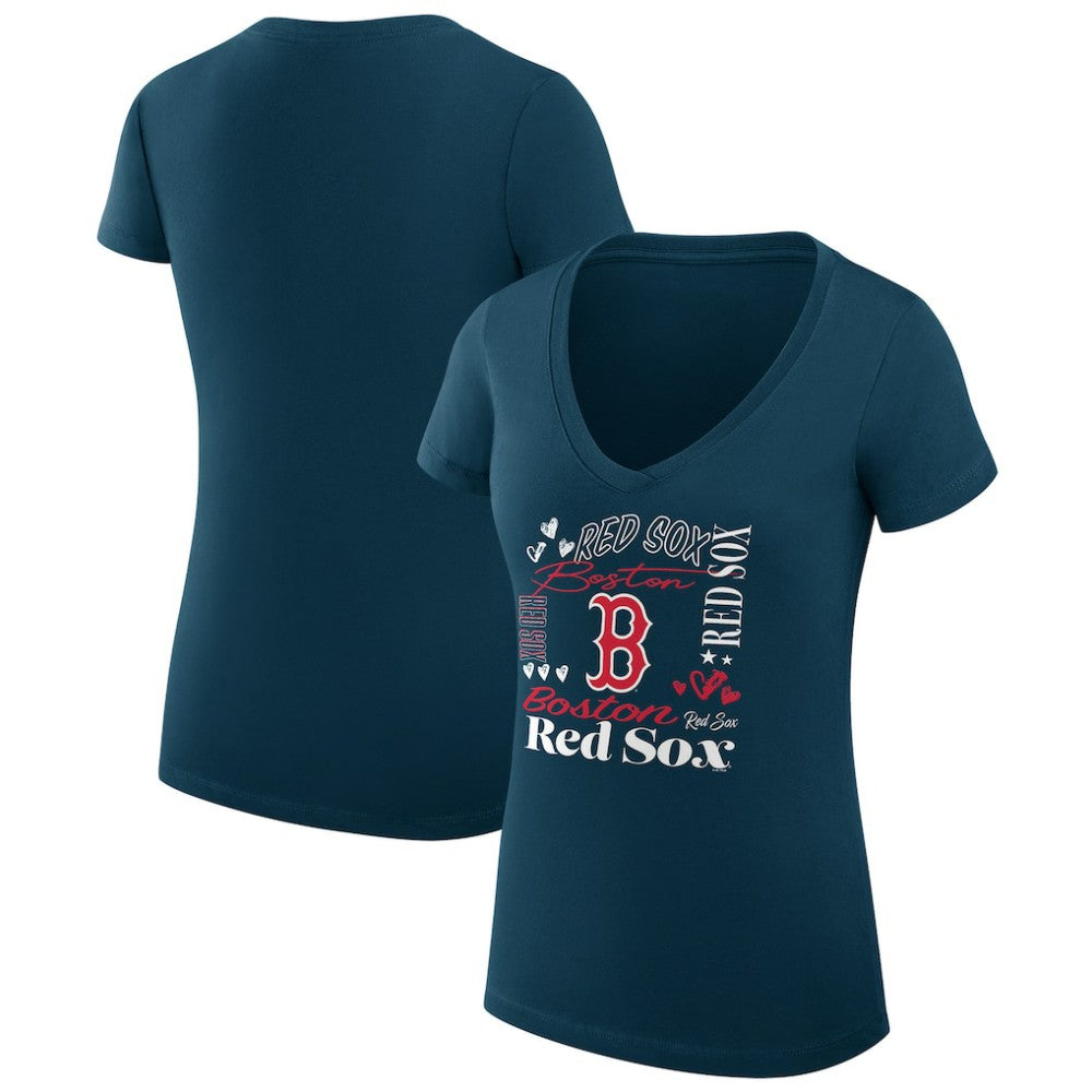 Boston Red Sox G-III 4Her by Carl Banks Women's Super-Slim Fit Lightweight Collage Team Graphic V-Neck T-Shirt - Navy