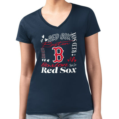 Boston Red Sox G-III 4Her by Carl Banks Women's Super-Slim Fit Lightweight Collage Team Graphic V-Neck T-Shirt - Navy