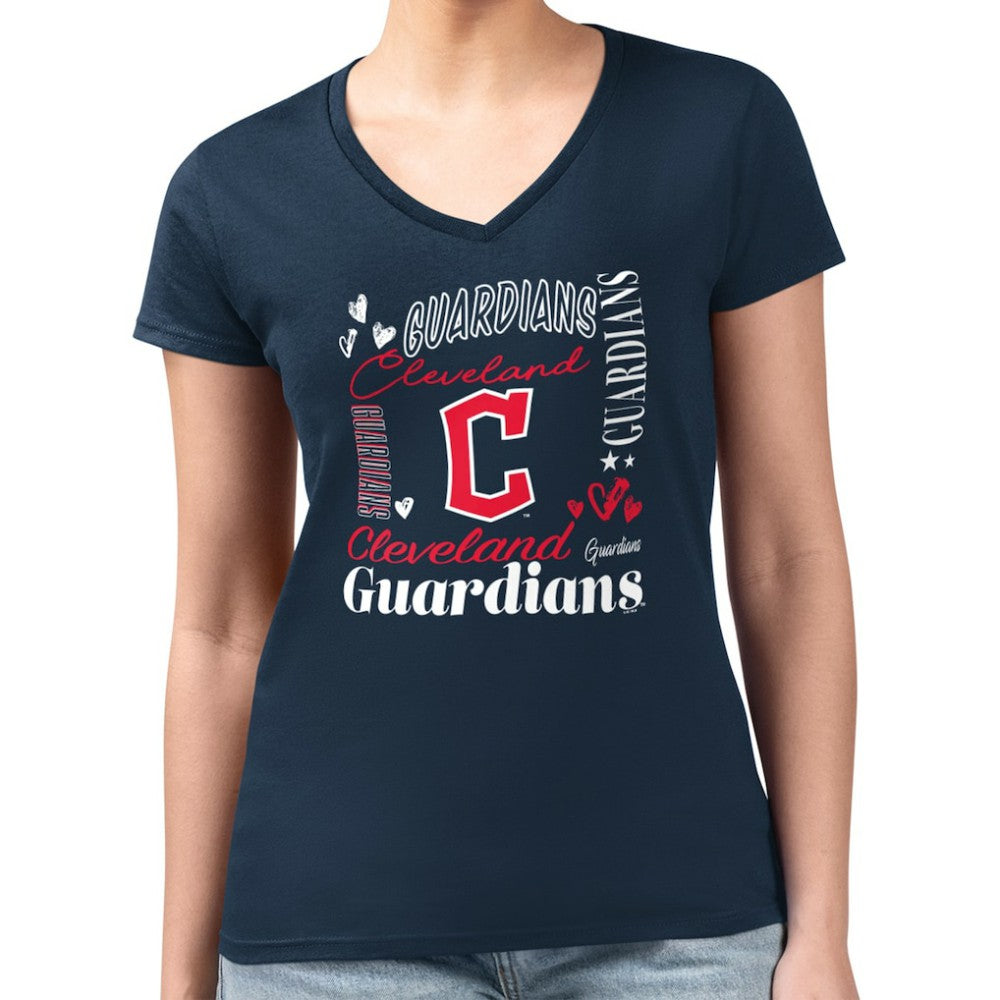 Cleveland Guardians G-III 4Her by Carl Banks Women's Super-Slim Fit Lightweight Collage Team Graphic V-Neck T-Shirt - Navy