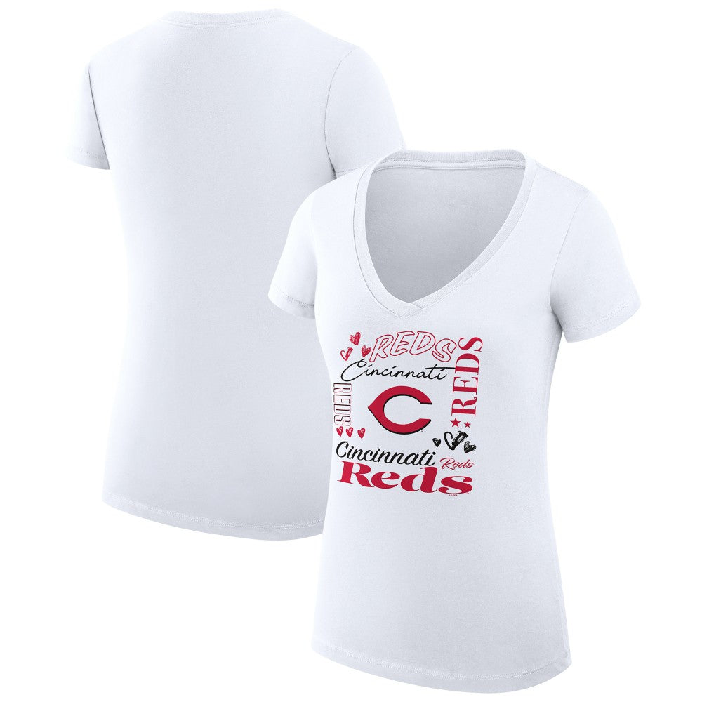 Cincinnati Reds G-III 4Her by Carl Banks Women's Super-Slim Fit Lightweight Collage Team Graphic V-Neck T-Shirt - White