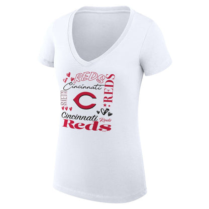 Cincinnati Reds G-III 4Her by Carl Banks Women's Super-Slim Fit Lightweight Collage Team Graphic V-Neck T-Shirt - White