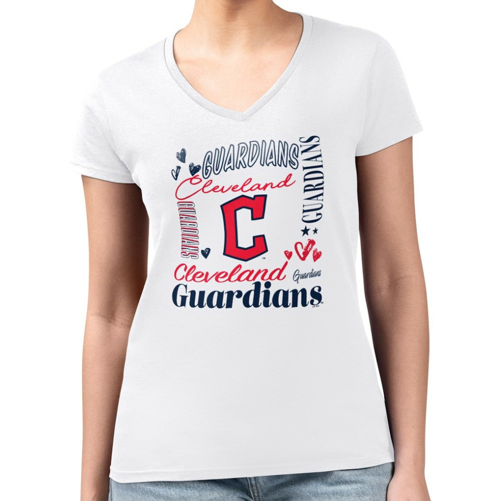 Cleveland Guardians G-III 4Her by Carl Banks Women's Super-Slim Fit Lightweight Collage Team Graphic V-Neck T-Shirt - White