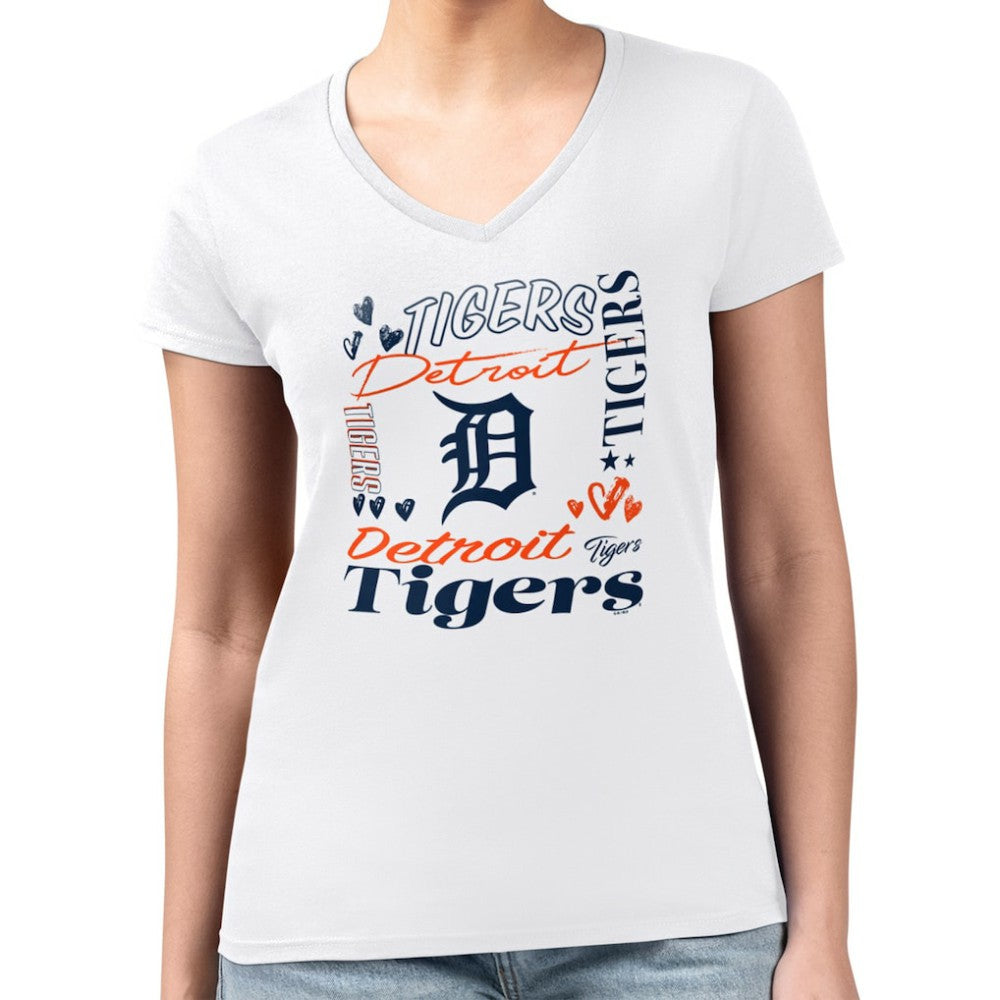 Detroit Tigers G-III 4Her by Carl Banks Women's Super-Slim Fit Lightweight Collage Team Graphic V-Neck T-Shirt - White