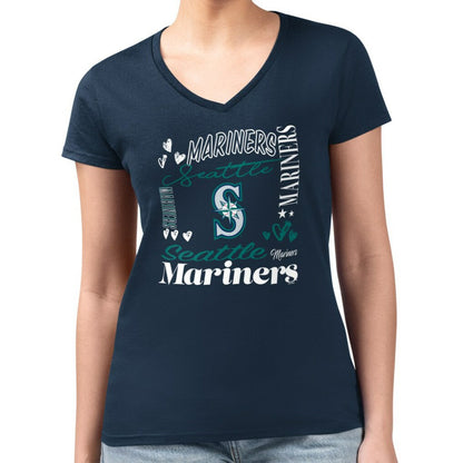 Seattle Mariners G-III 4Her by Carl Banks Women's Super-Slim Fit Lightweight Collage Team Graphic V-Neck T-Shirt - Navy