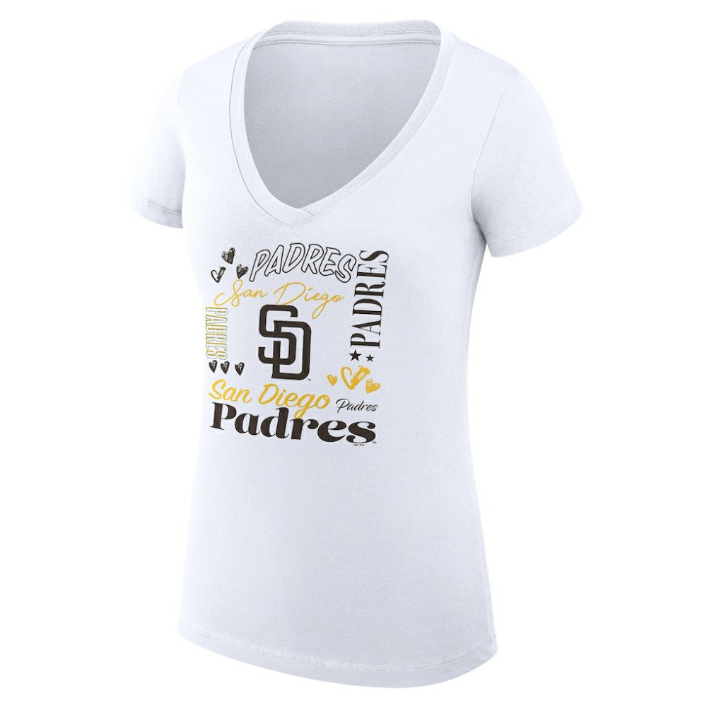 San Diego Padres G-III 4Her by Carl Banks Women's Super-Slim Fit Lightweight Collage Team Graphic V-Neck T-Shirt - White
