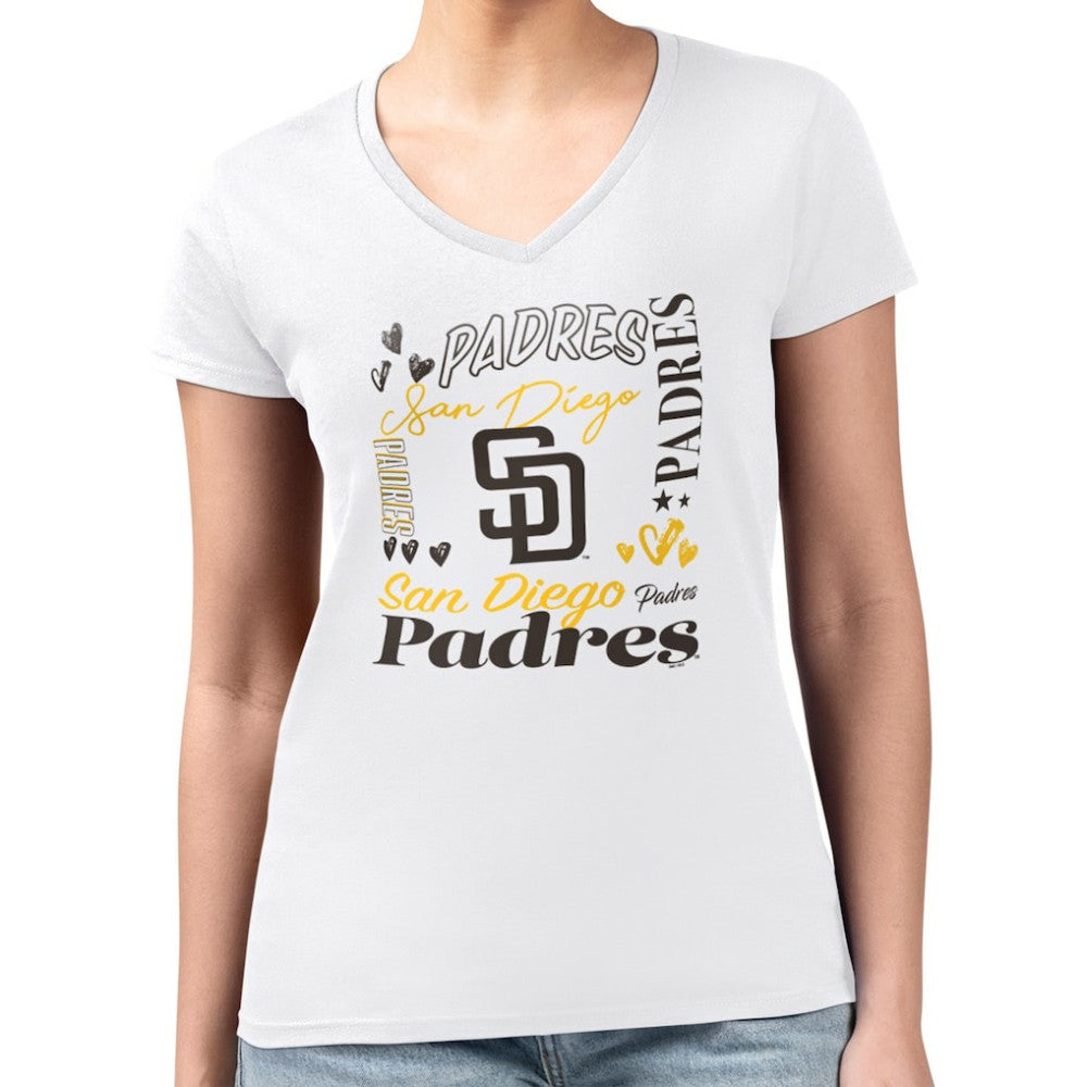 San Diego Padres G-III 4Her by Carl Banks Women's Super-Slim Fit Lightweight Collage Team Graphic V-Neck T-Shirt - White