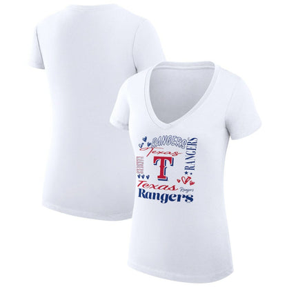 Texas Rangers G-III 4Her by Carl Banks Women's Super-Slim Fit Lightweight Collage Team Graphic V-Neck T-Shirt - White