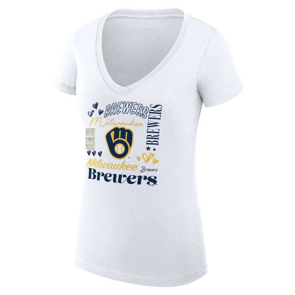 Milwaukee Brewers G-III 4Her by Carl Banks Women's Super-Slim Fit Lightweight Collage Team Graphic V-Neck T-Shirt - White
