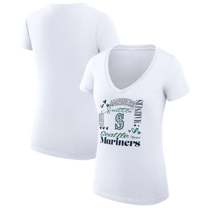 Seattle Mariners G-III 4Her by Carl Banks Women's Super-Slim Fit Lightweight Collage Team Graphic V-Neck T-Shirt - White