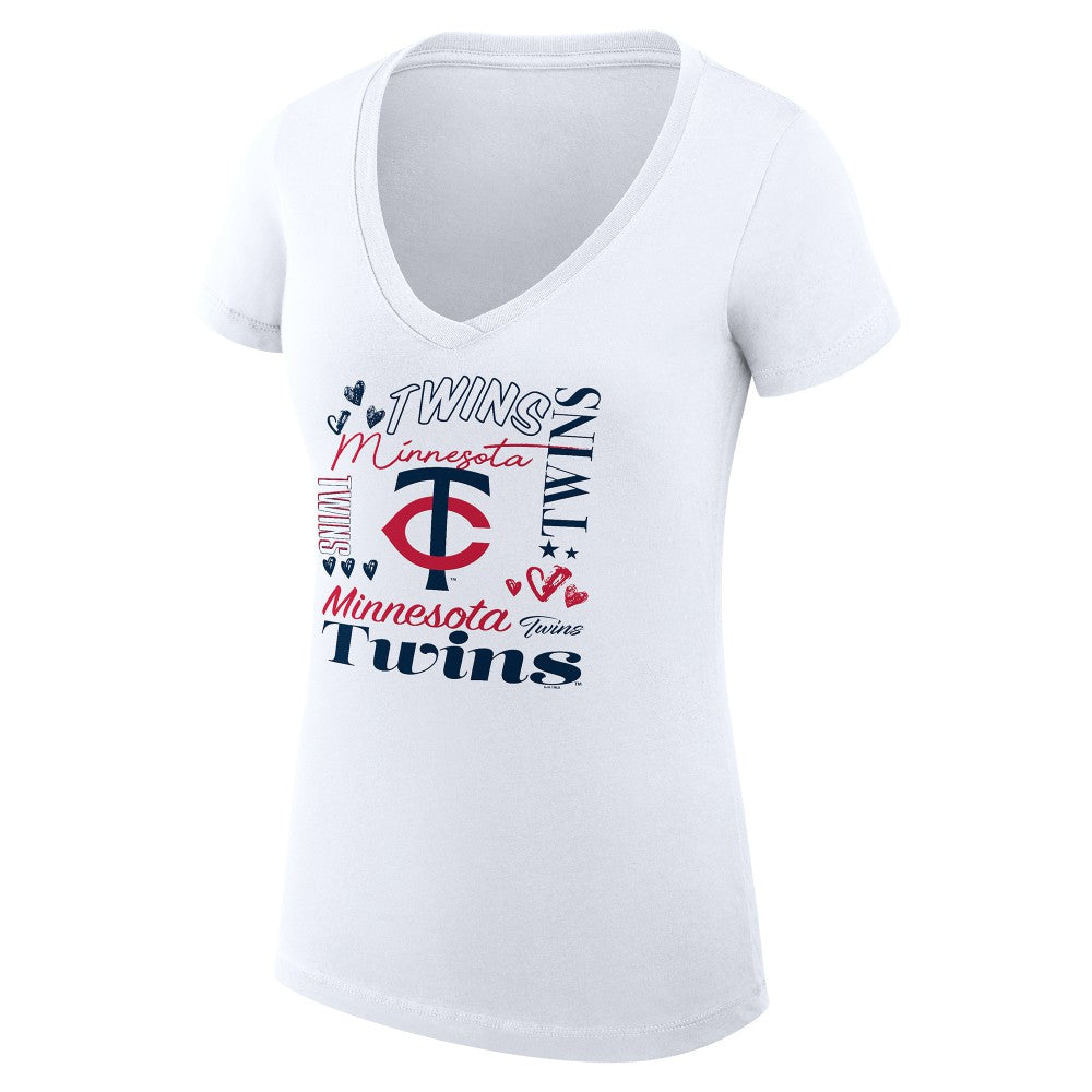 Minnesota Twins G-III 4Her by Carl Banks Women's Super-Slim Fit Lightweight Collage Team Graphic V-Neck T-Shirt - White