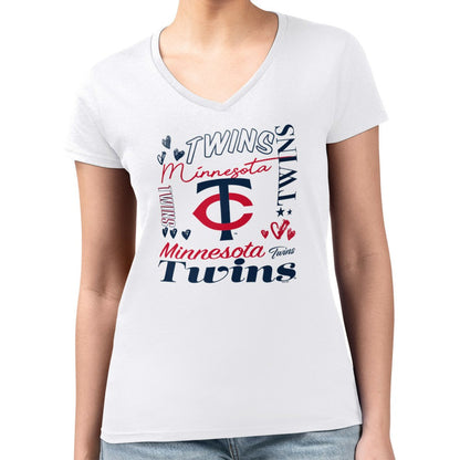 Minnesota Twins G-III 4Her by Carl Banks Women's Super-Slim Fit Lightweight Collage Team Graphic V-Neck T-Shirt - White