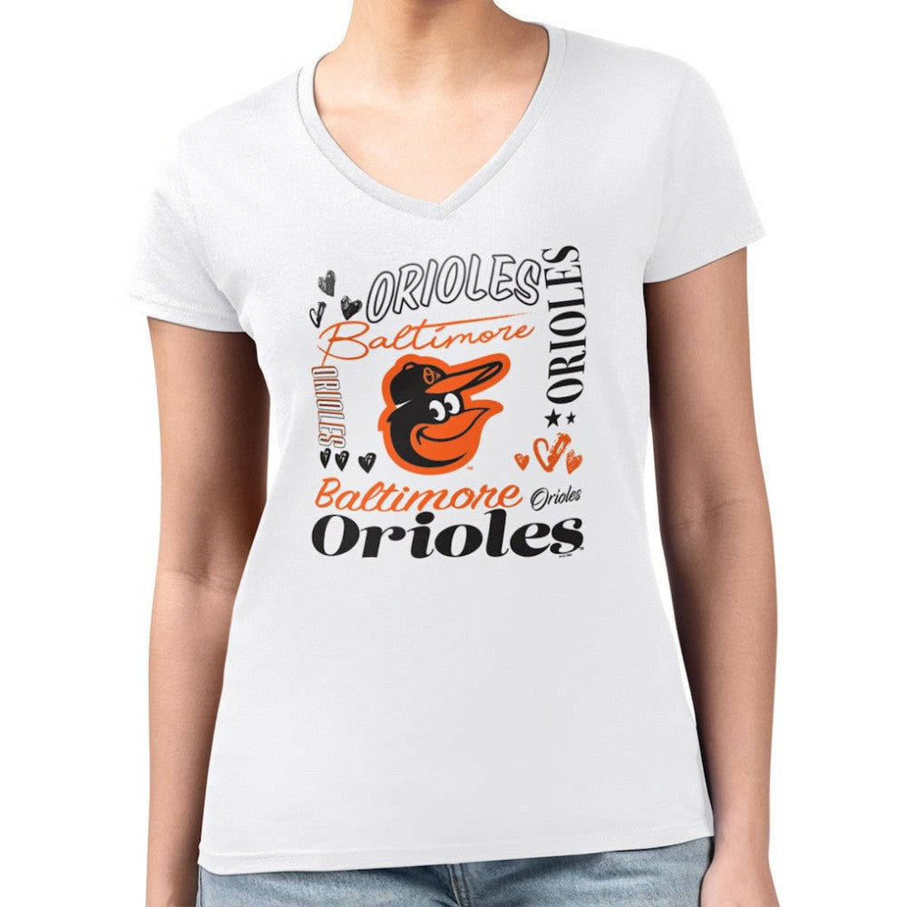 Baltimore Orioles G-III 4Her by Carl Banks Women's Super-Slim Fit Lightweight Collage Team Graphic V-Neck T-Shirt - White