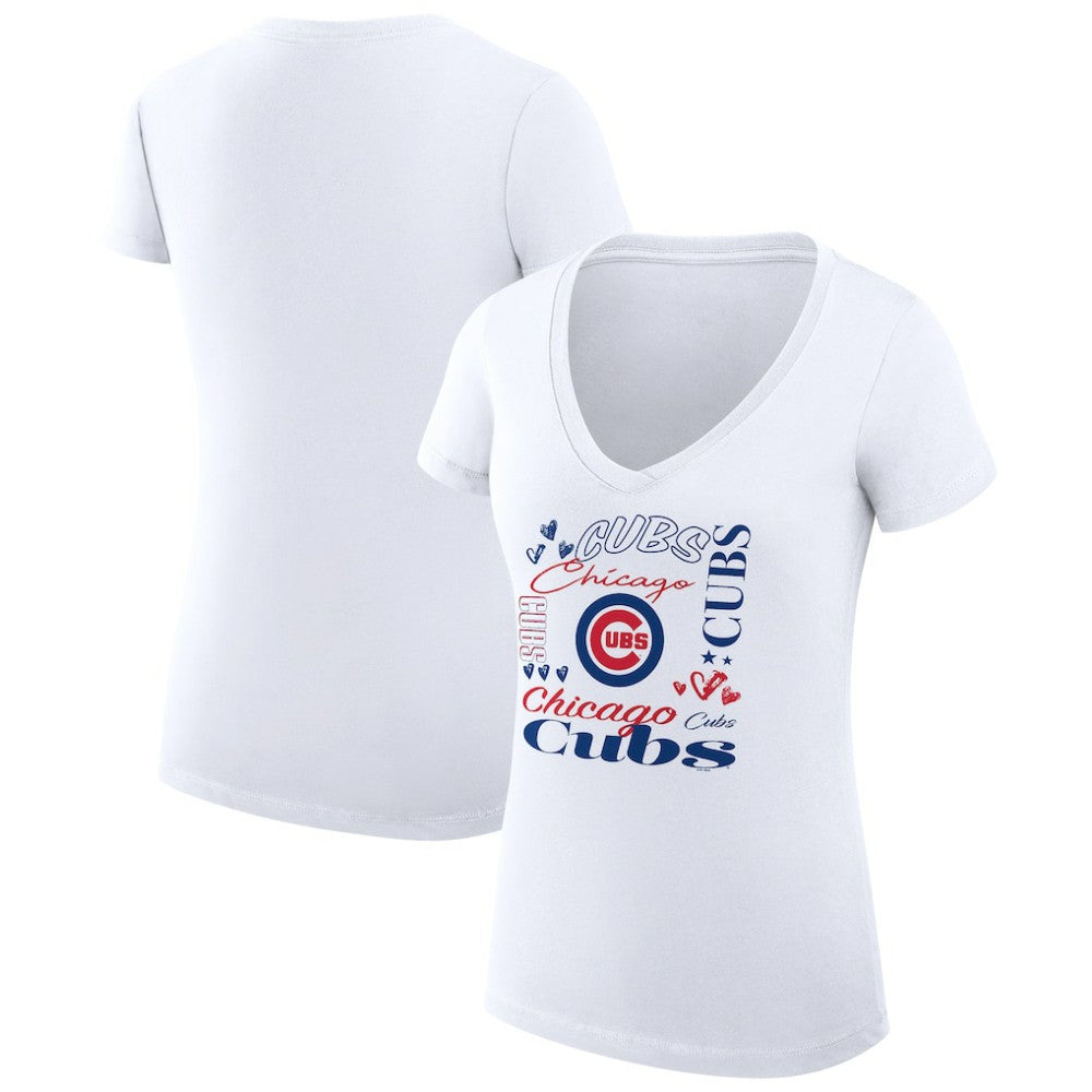 Chicago Cubs G-III 4Her by Carl Banks Women's Super-Slim Fit Lightweight Collage Team Graphic V-Neck T-Shirt - White