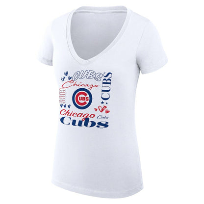 Chicago Cubs G-III 4Her by Carl Banks Women's Super-Slim Fit Lightweight Collage Team Graphic V-Neck T-Shirt - White