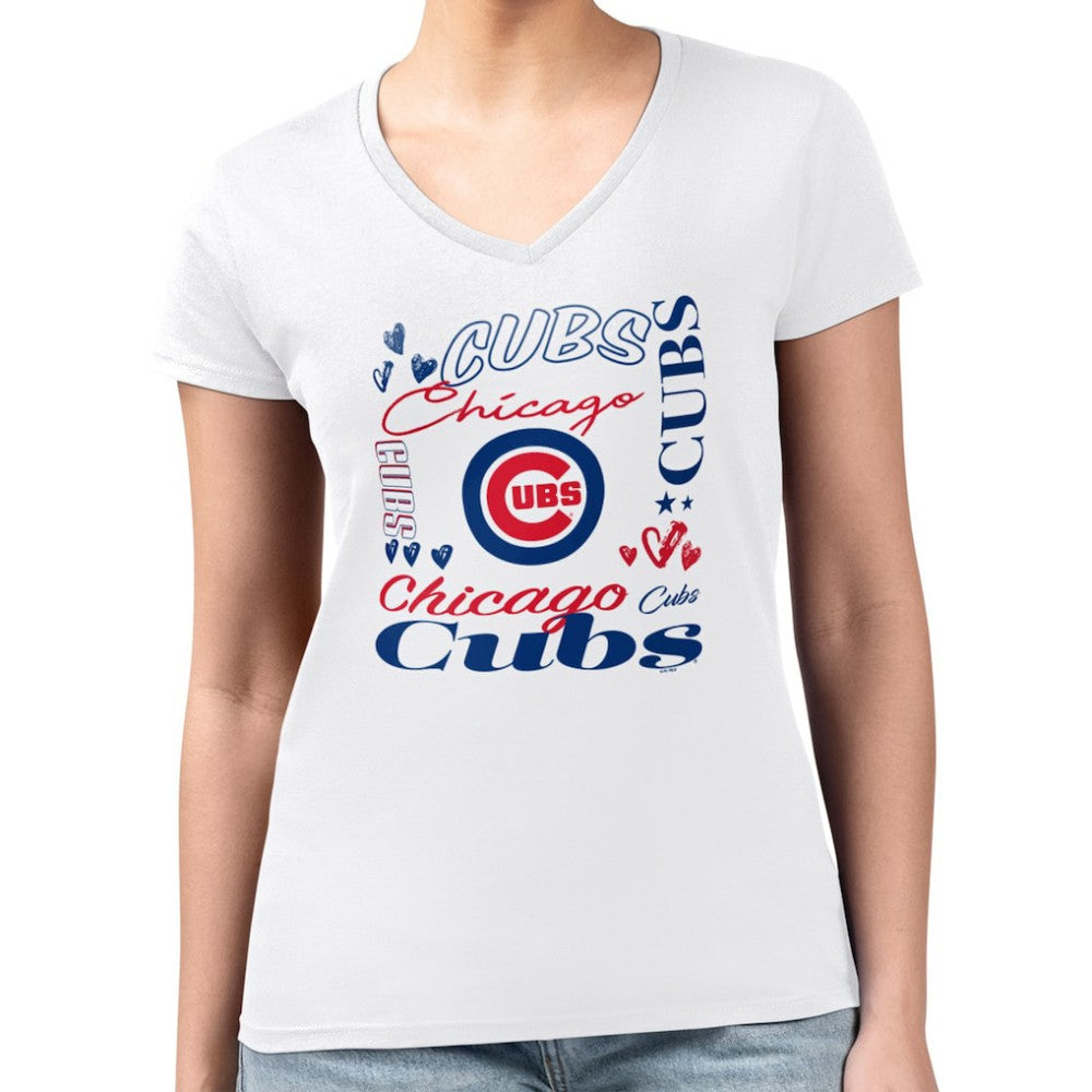 Chicago Cubs G-III 4Her by Carl Banks Women's Super-Slim Fit Lightweight Collage Team Graphic V-Neck T-Shirt - White
