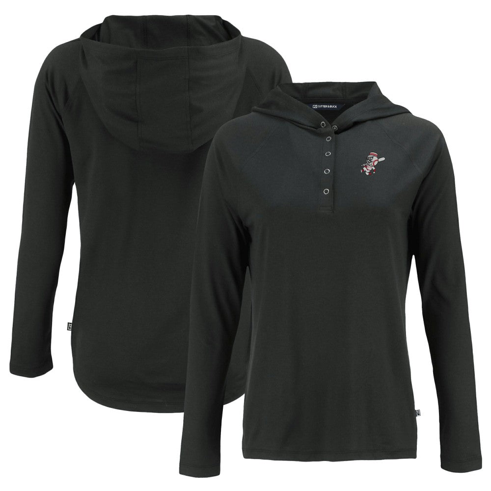 Cincinnati Reds Cutter & Buck Women's Cooperstown Collection Coastline Epic Comfort Eco Recycled Hoodie Raglan Long Sleeve T-Shirt - Black