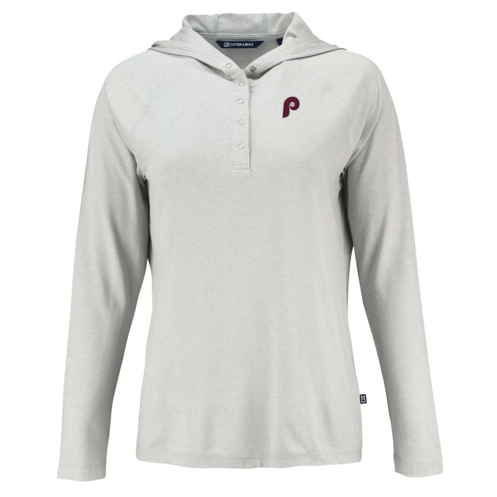 Philadelphia Phillies Cutter & Buck Women's Cooperstown Collection Coastline Epic Comfort Eco Recycled Hoodie Raglan Long Sleeve T-Shirt - Gray