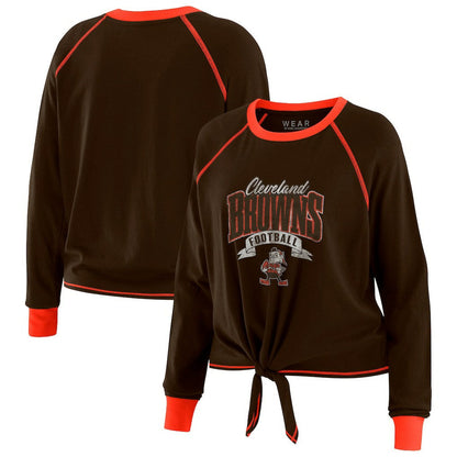 Cleveland Browns WEAR by Erin Andrews Women's Tie-Front Long Sleeve Top - Brown/Orange cheap