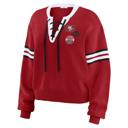 San Francisco 49ers WEAR by Erin Andrews Women's Lace-Up Pullover Sweatshirt - Scarlet on sale