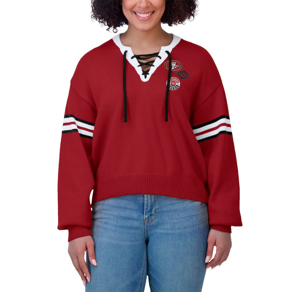San Francisco 49ers WEAR by Erin Andrews Women's Lace-Up Pullover Sweatshirt - Scarlet on sale