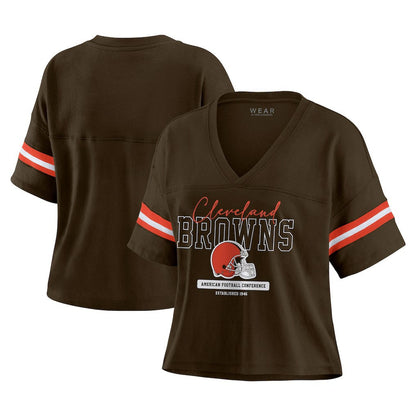 Cleveland Browns WEAR by Erin Andrews Women's Color Block Boxy Modest Crop V-Neck T-Shirt - Brown online