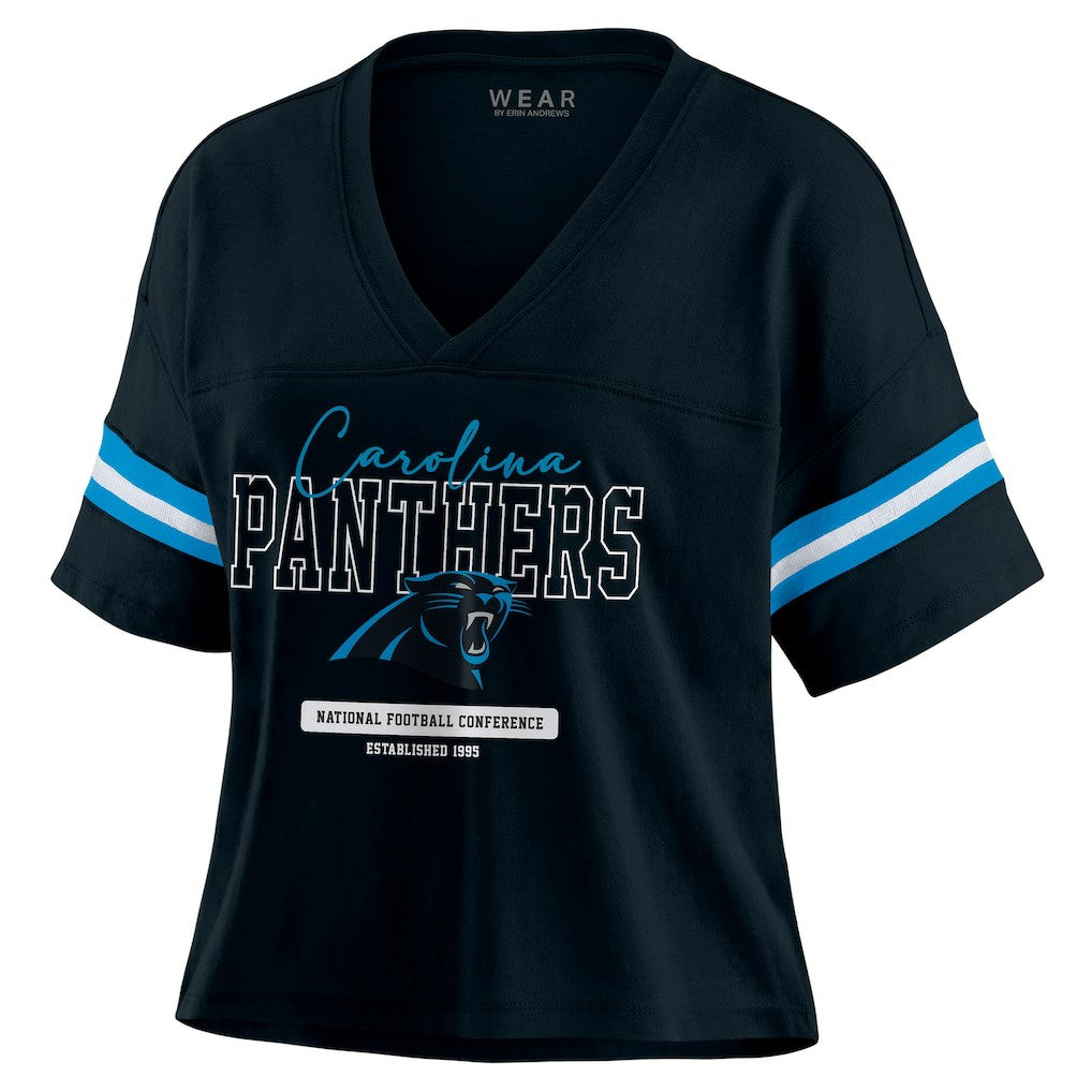 Carolina Panthers WEAR by Erin Andrews Women's Color Block Boxy Modest Crop V-Neck T-Shirt - Black for sale