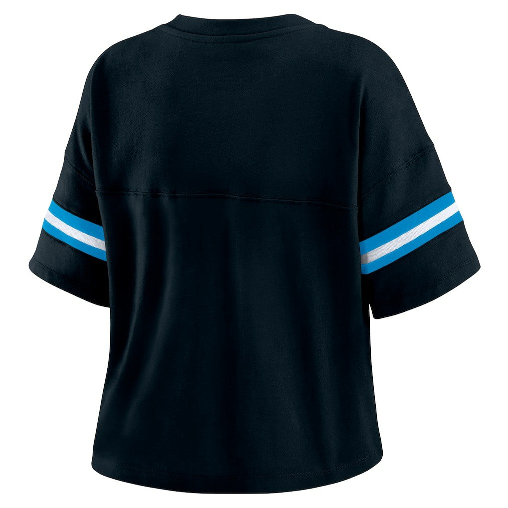 Carolina Panthers WEAR by Erin Andrews Women's Color Block Boxy Modest Crop V-Neck T-Shirt - Black for sale
