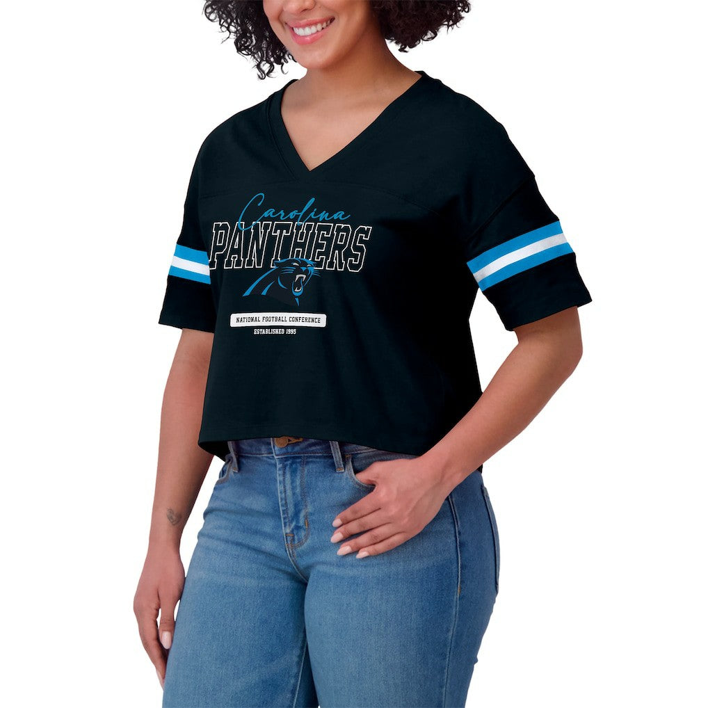 Carolina Panthers WEAR by Erin Andrews Women's Color Block Boxy Modest Crop V-Neck T-Shirt - Black for sale