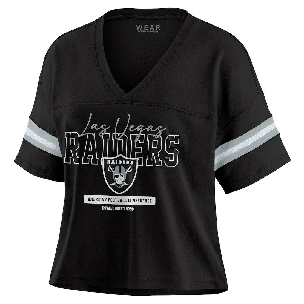 Las Vegas Raiders WEAR by Erin Andrews Women's Color Block Boxy Modest Crop V-Neck T-Shirt - Black for sale