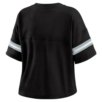 Las Vegas Raiders WEAR by Erin Andrews Women's Color Block Boxy Modest Crop V-Neck T-Shirt - Black for sale