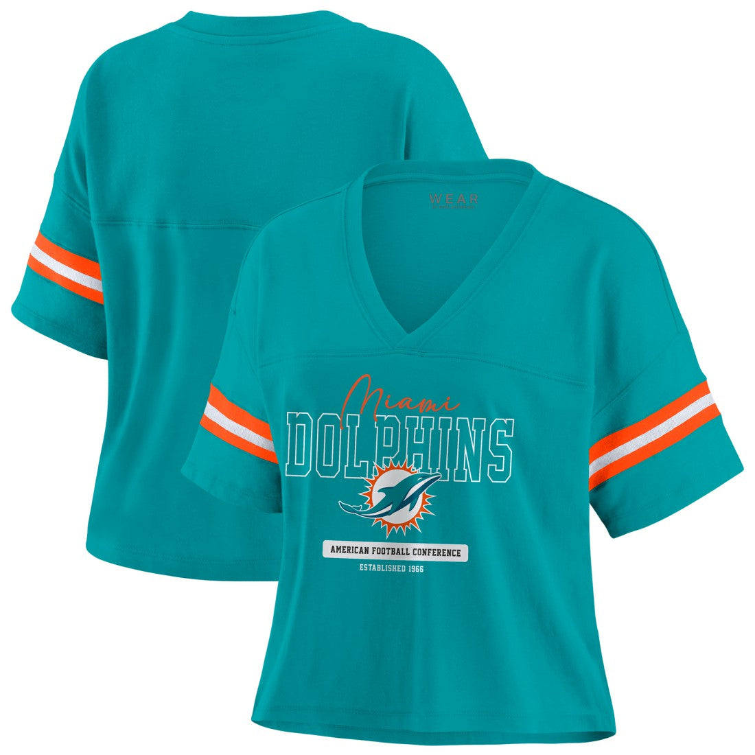 Miami Dolphins WEAR by Erin Andrews Women's Color Block Boxy Modest Crop V-Neck T-Shirt - Aqua discount