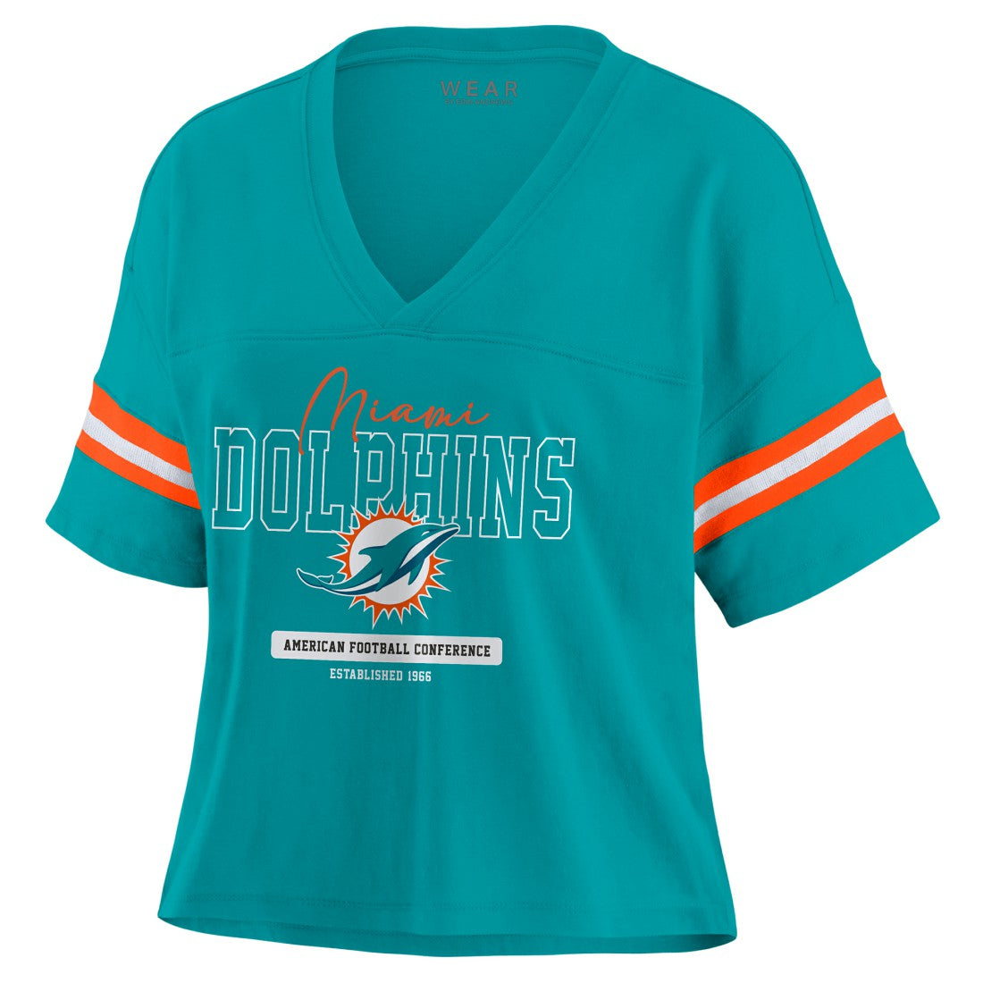 Miami Dolphins WEAR by Erin Andrews Women's Color Block Boxy Modest Crop V-Neck T-Shirt - Aqua discount