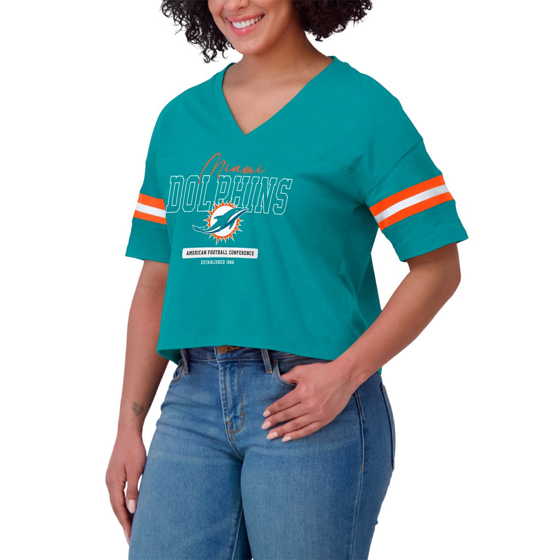 Miami Dolphins WEAR by Erin Andrews Women's Color Block Boxy Modest Crop V-Neck T-Shirt - Aqua discount